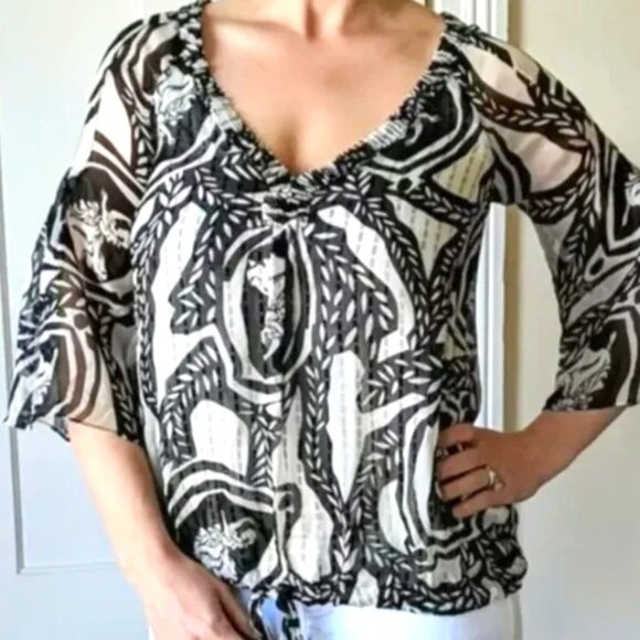 Diane Von Furstenberg Silk Chiara Peasant Blouse Black White Size 6 - Picture 1 of 5